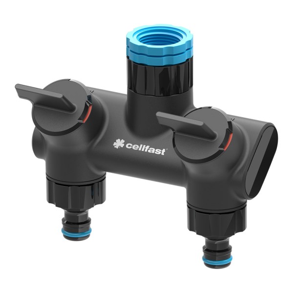 Distribuidor de 2 vías con válvulas para grifo de rosca energo 6 bar, ½ pulg - ¾ pulg y 1 pulg, blister